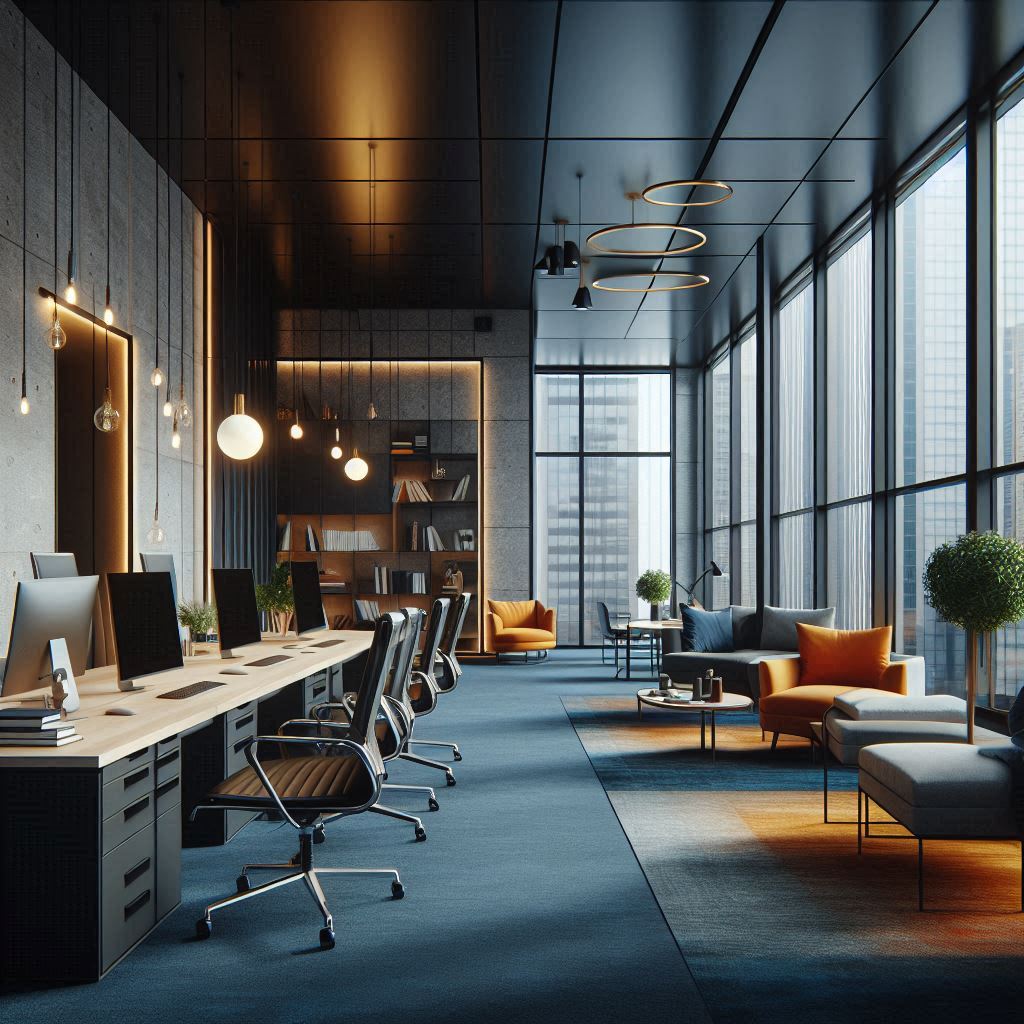 realistic photo image of an office space with dark blue, orange, and yellow colors